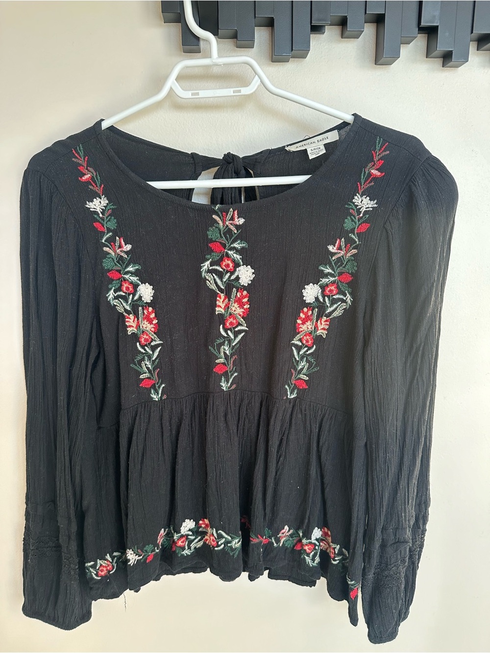American Eagle Black Floral Embroidered Blouse